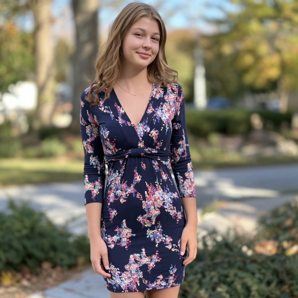 Boden Boden Carys Knot-Front Jersey Dress Women US 0 Navy Blue Floral Faux Wrap